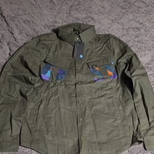 COOKIES HOODED BUTTON DOWN..Men's Olive Green Shirt with Geometric Accents